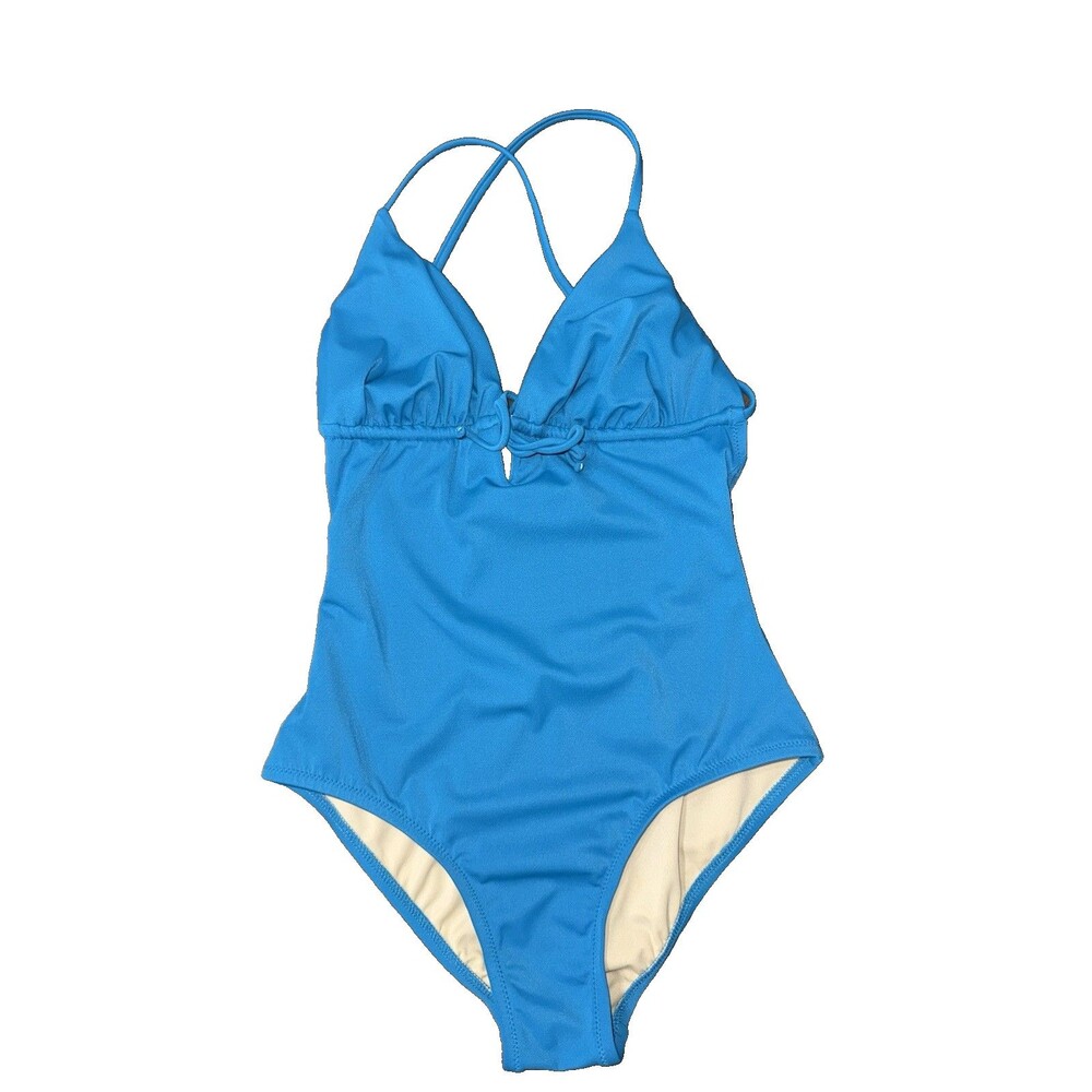 J.Crew Blue One Piece Swimsuit Cross Back Tie Front Classic Size 4 Made In USA - Picture 2 of 7